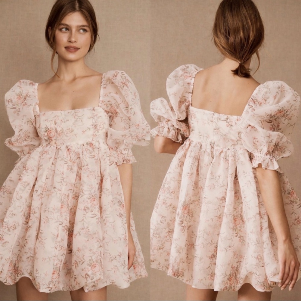 Selkie Pink Floral Mini Dress with Puff Sleeves